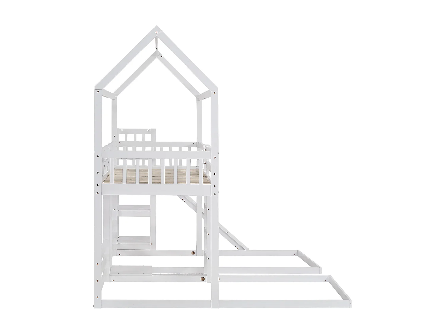 Lit superposé lit enfant 90x200 cm 3 places avec toboggan, escalier et étagères ouvertes - blanc