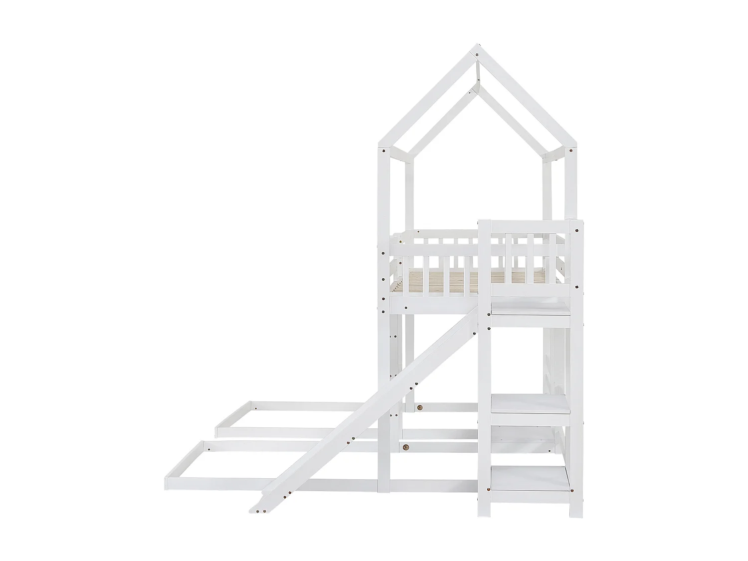 Lit superposé lit enfant 90x200 cm 3 places avec toboggan, escalier et étagères ouvertes - blanc