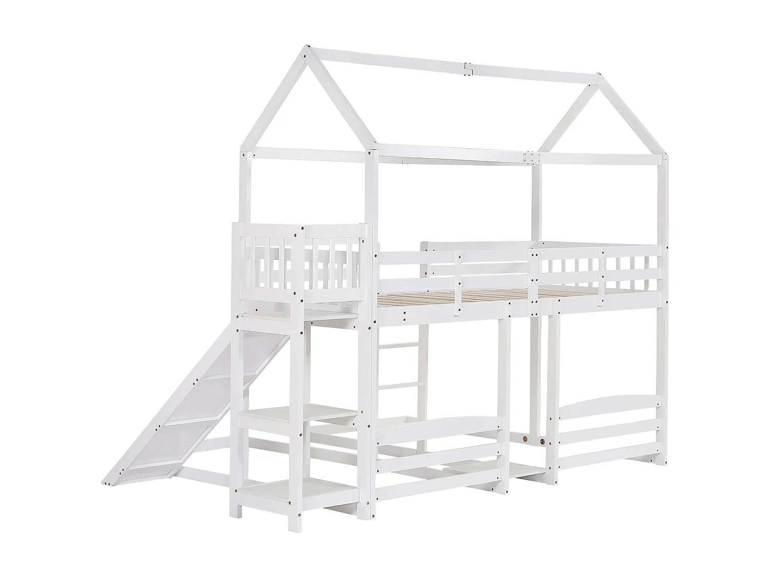 Lit superposé lit enfant 90x200 cm 3 places avec toboggan, escalier et étagères ouvertes - blanc