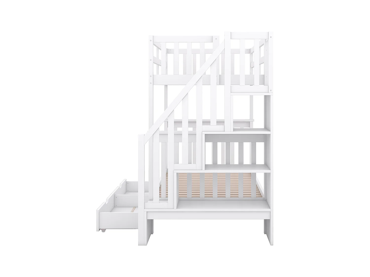 Lit superposé en bois de pin - avec 2 tiroirs et escalier de rangement - Blanc - 90x200cm