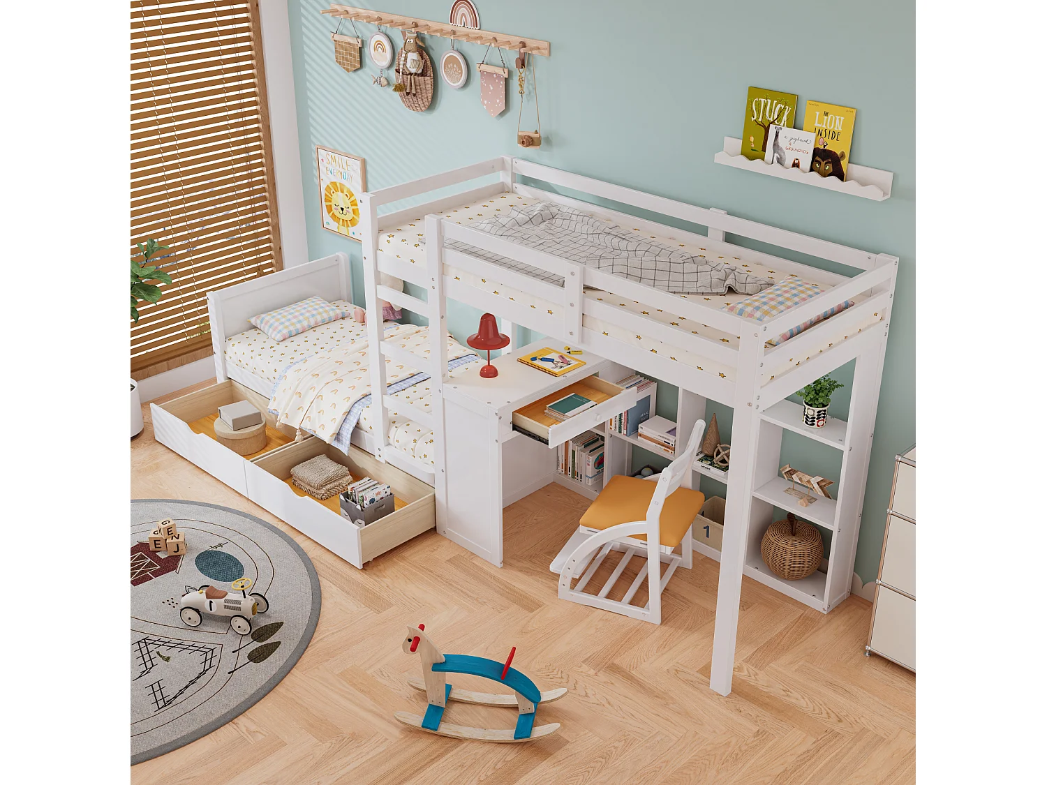 Letto a castello per bambini 90x200 cm con scrivania, 2 cassetti, ripiano aperto e scaletta a 3 livelli - Pino bianco e MDF