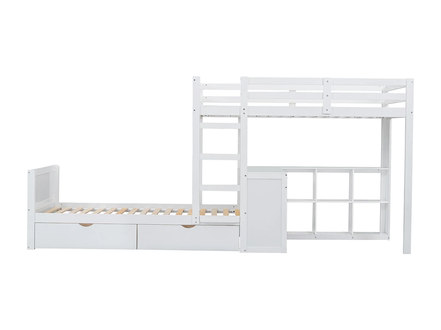 Letto a castello per bambini 90x200 cm con scrivania, 2 cassetti, ripiano aperto e scaletta a 3 livelli - Pino bianco e MDF