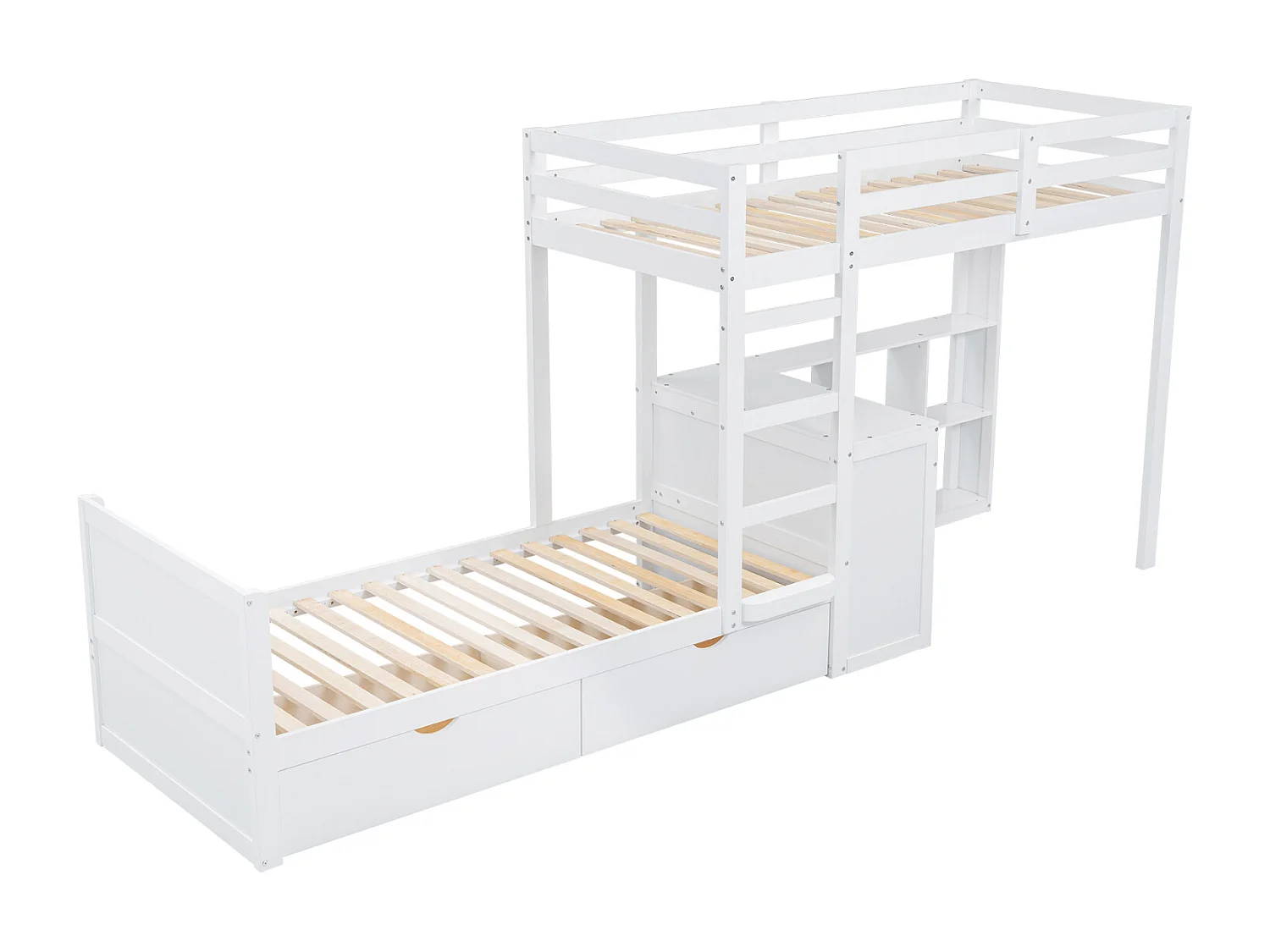 Letto a castello per bambini 90x200 cm con scrivania, 2 cassetti, ripiano aperto e scaletta a 3 livelli - Pino bianco e MDF