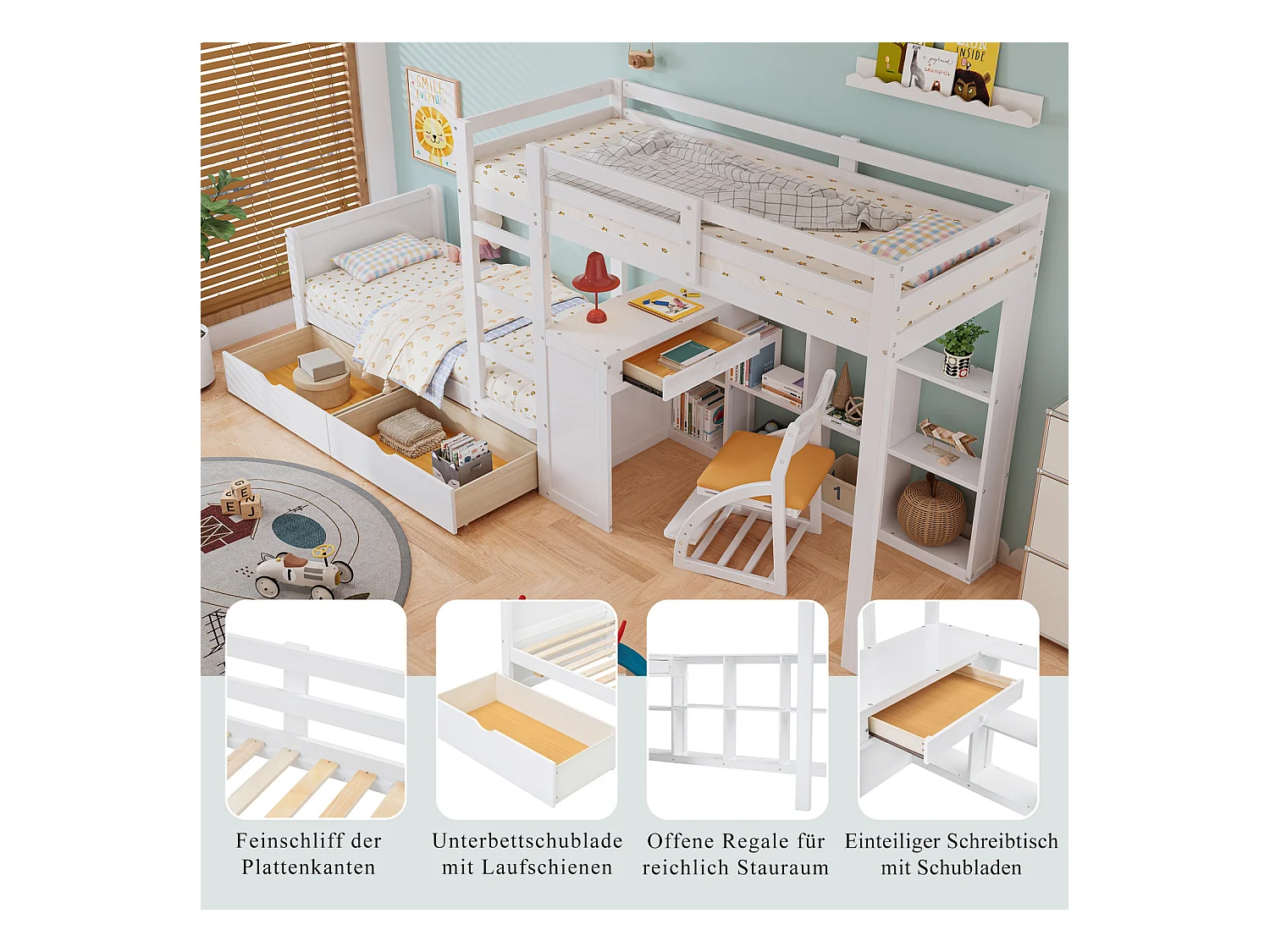 Litera infantil 90x200 cm con escritorio, 2 cajones, balda abierta y escalera de 3 niveles - Pino blanco y MDF