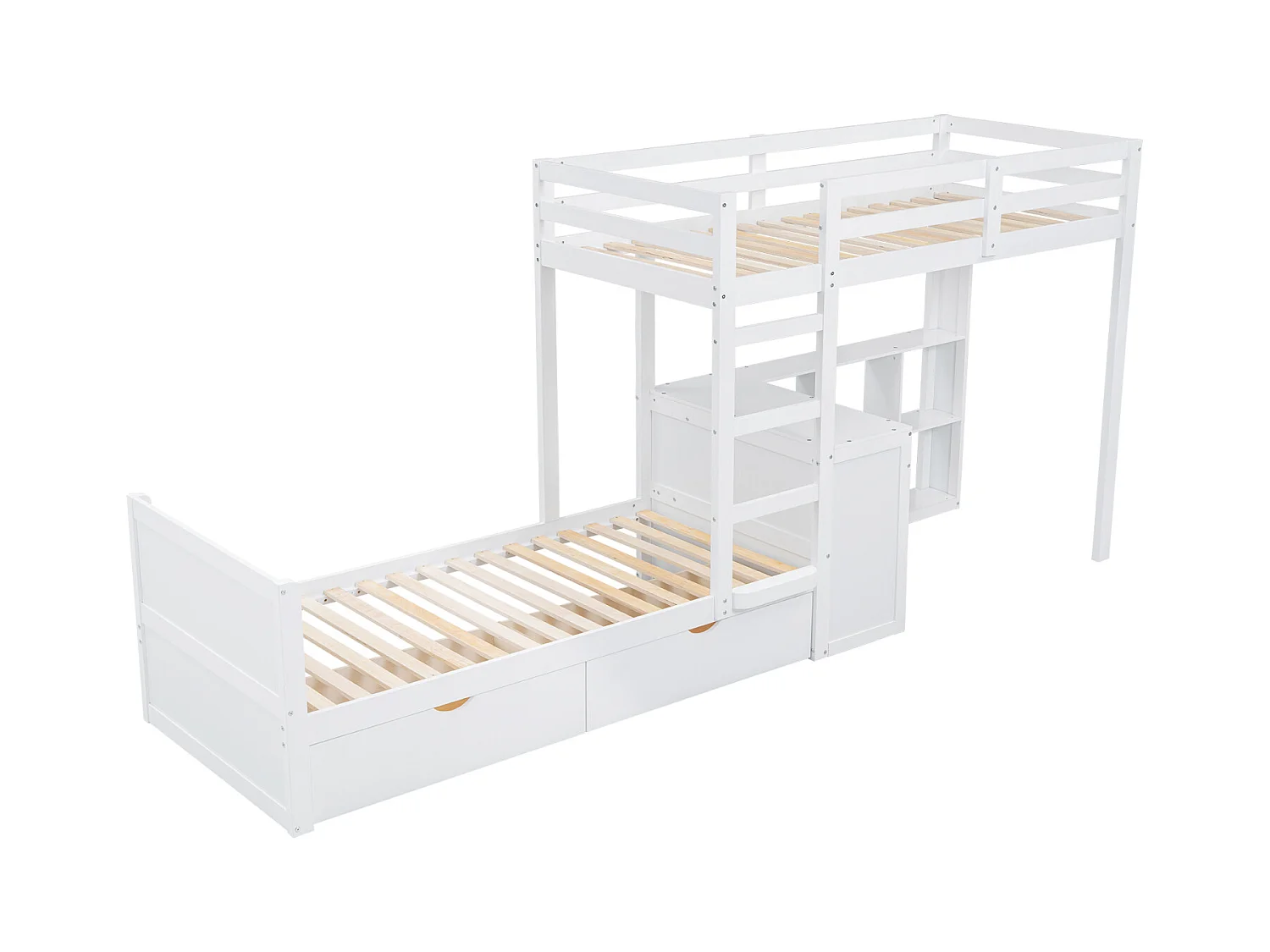 Litera infantil 90x200 cm con escritorio, 2 cajones, balda abierta y escalera de 3 niveles - Pino blanco y MDF