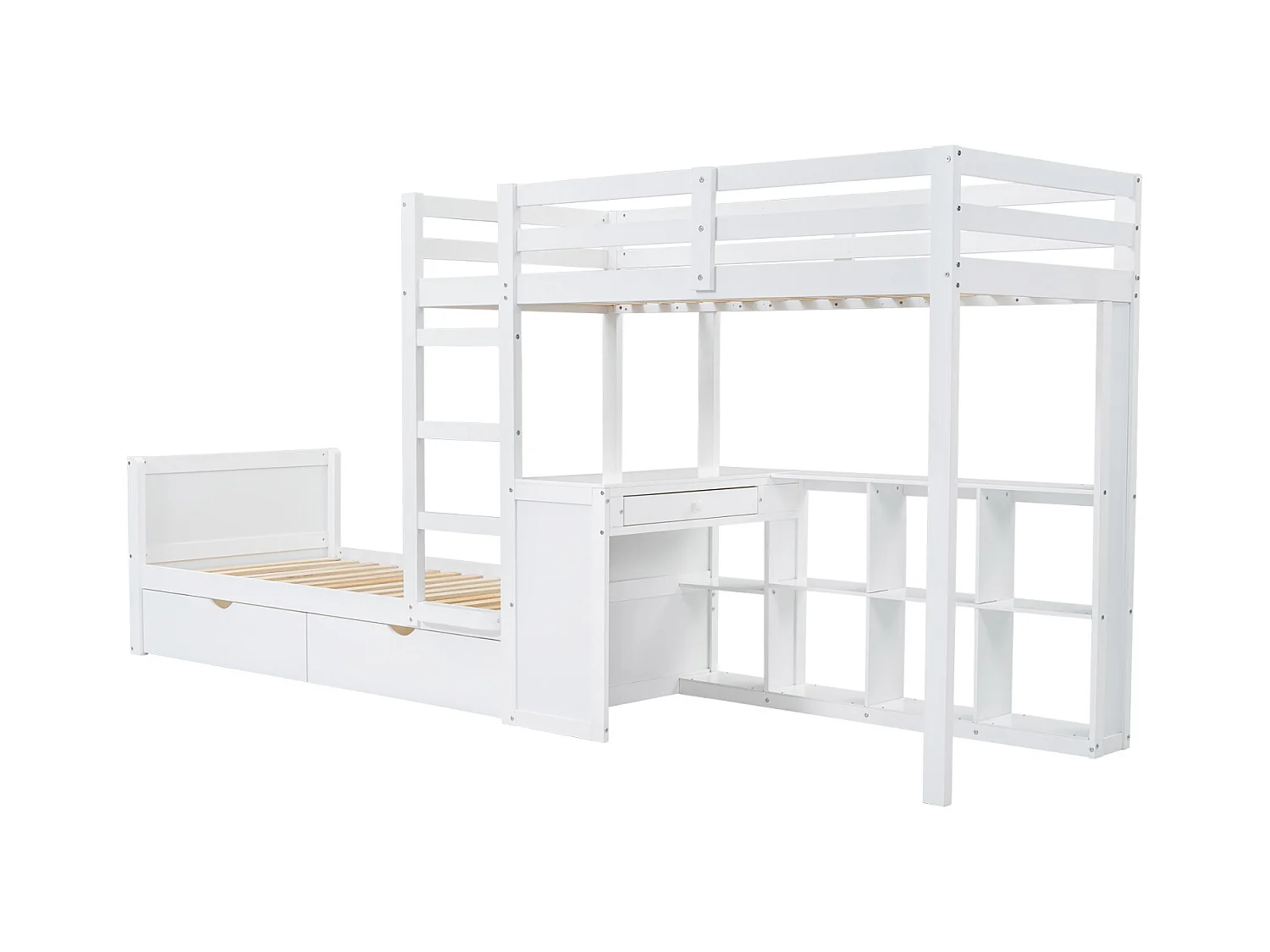 Litera infantil 90x200 cm con escritorio, 2 cajones, balda abierta y escalera de 3 niveles - Pino blanco y MDF