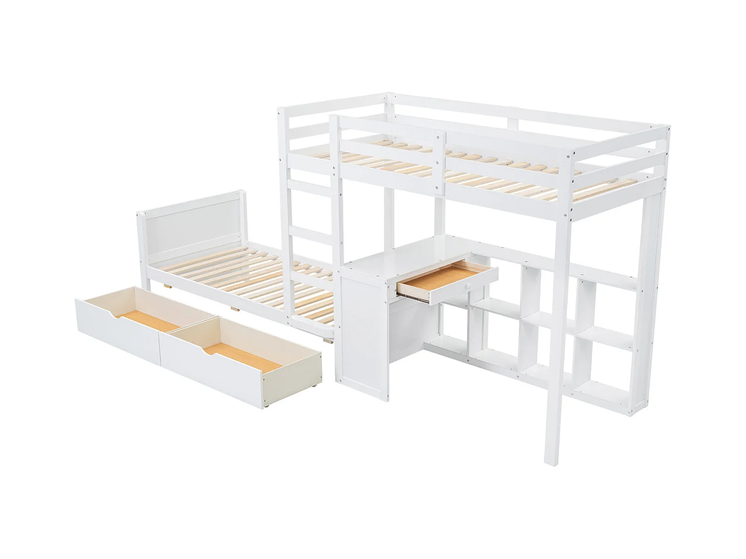 Litera infantil 90x200 cm con escritorio, 2 cajones, balda abierta y escalera de 3 niveles - Pino blanco y MDF