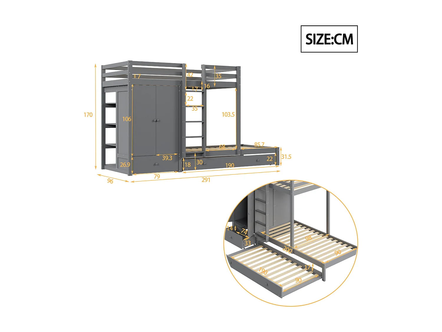 Lit superposé 90x200cm, lit enfant avec lit gigogne 90x190cm, armoire, échelle, tiroirs et compartiment de rangement, gris