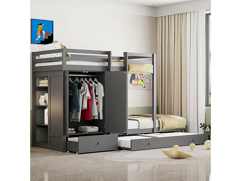 Stapelbed 90x200cm, kinderbed met uitschuifbed 90x190cm, kledingkast, ladder, lades en opbergvak, grijs