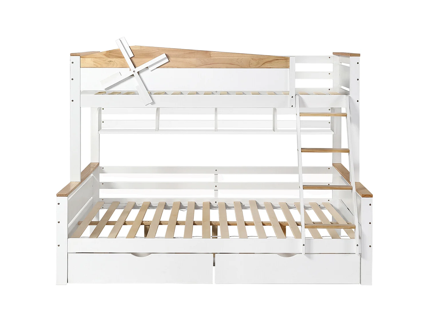 Lit superposé 90x200cm+140x200cm, avec moulin à vent, étagères, échelle et 2 tiroirs, avec grille antichute, pin+MDF, blanc+naturel
