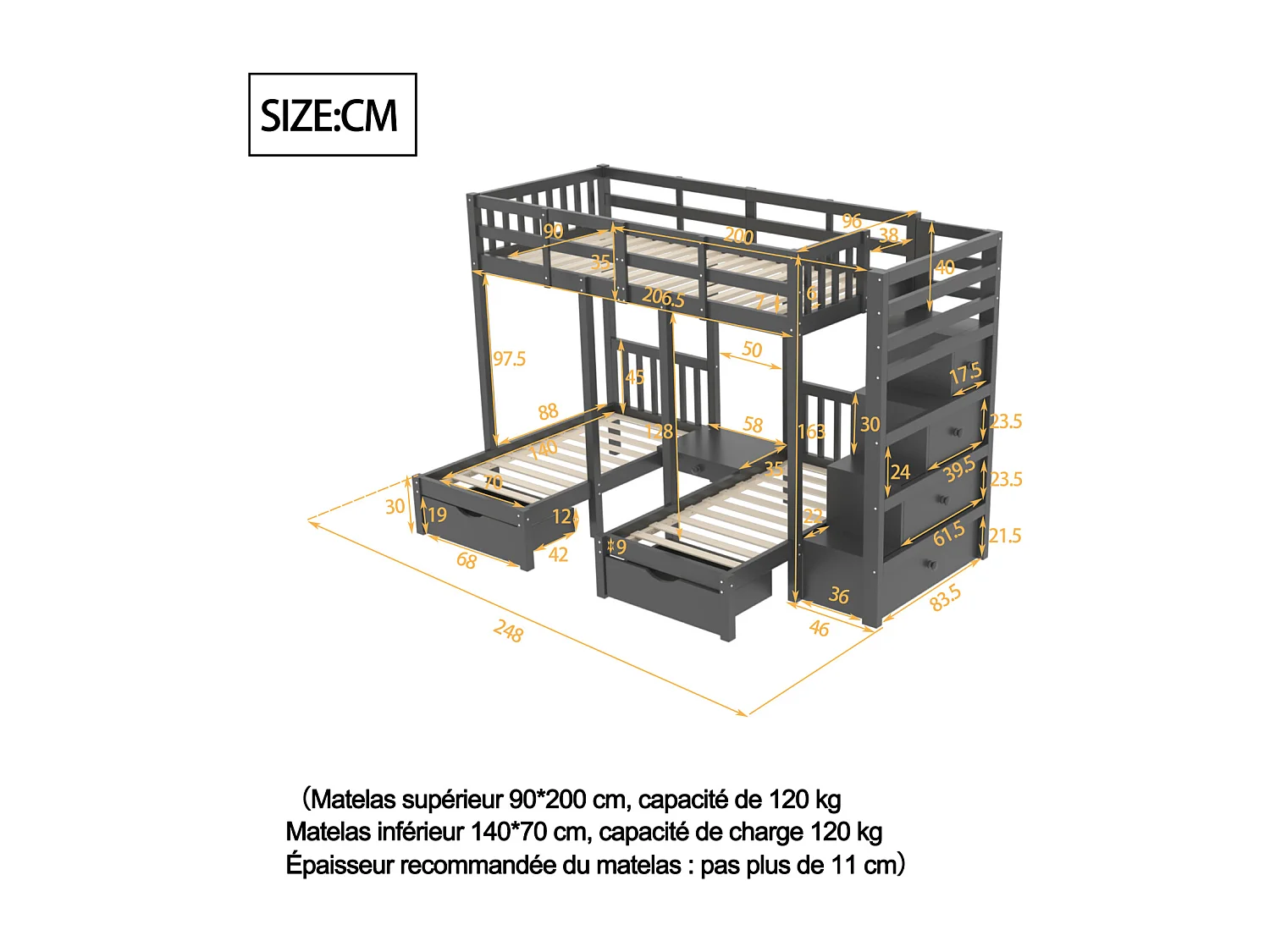 Kinderstapelbed 3 plaatsen 90x200cm Driepersoonsbed Eenpersoonsbed van hout met nachtkastje Lades Opbergladder - grijs