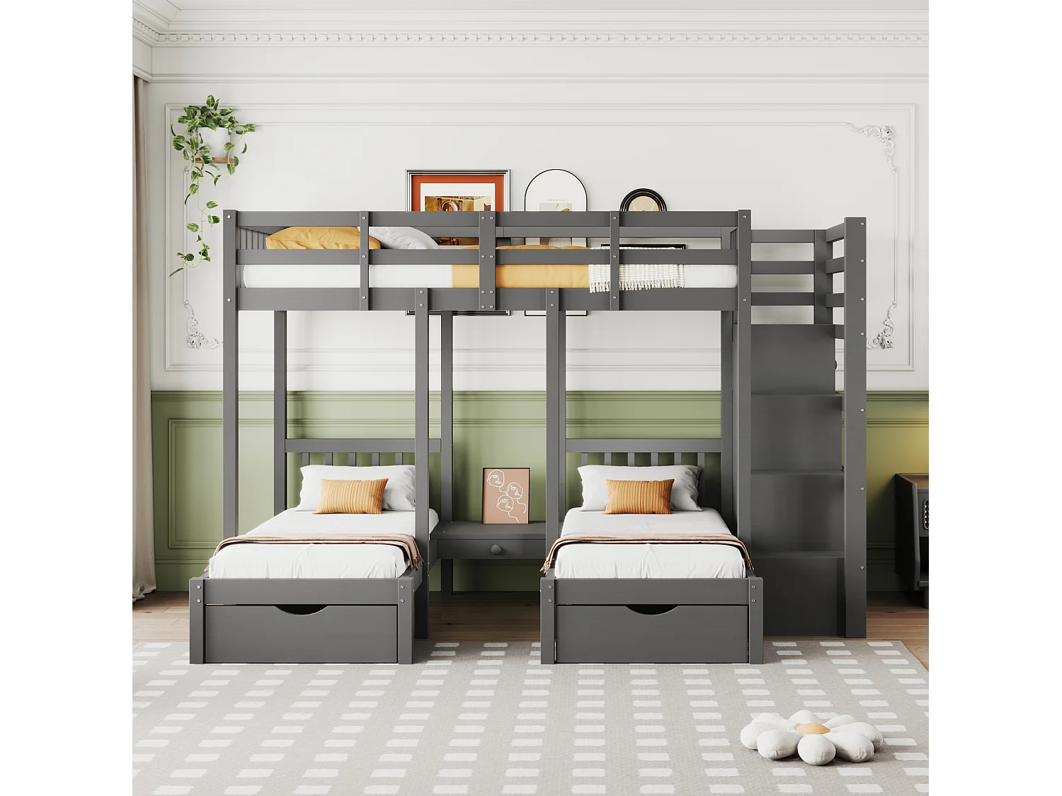 Kinderstapelbed 3 plaatsen 90x200cm Driepersoonsbed Eenpersoonsbed van hout met nachtkastje Lades Opbergladder - grijs