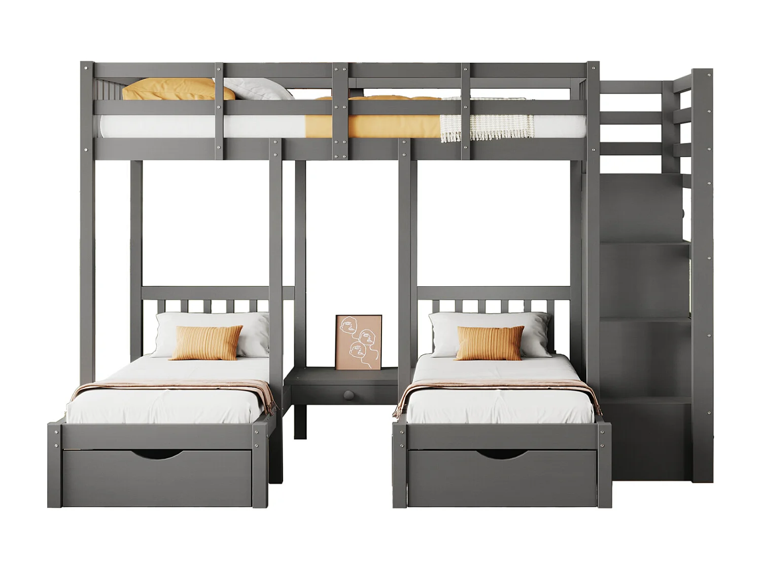 Kinderstapelbed 3 plaatsen 90x200cm Driepersoonsbed Eenpersoonsbed van hout met nachtkastje Lades Opbergladder - grijs