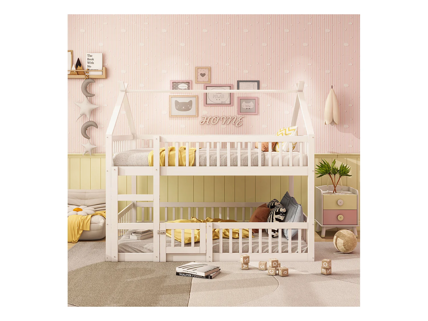 Litera infantil de 140 x 200 cm, cama familiar infantil con escalera, estructura de madera maciza, color blanco
