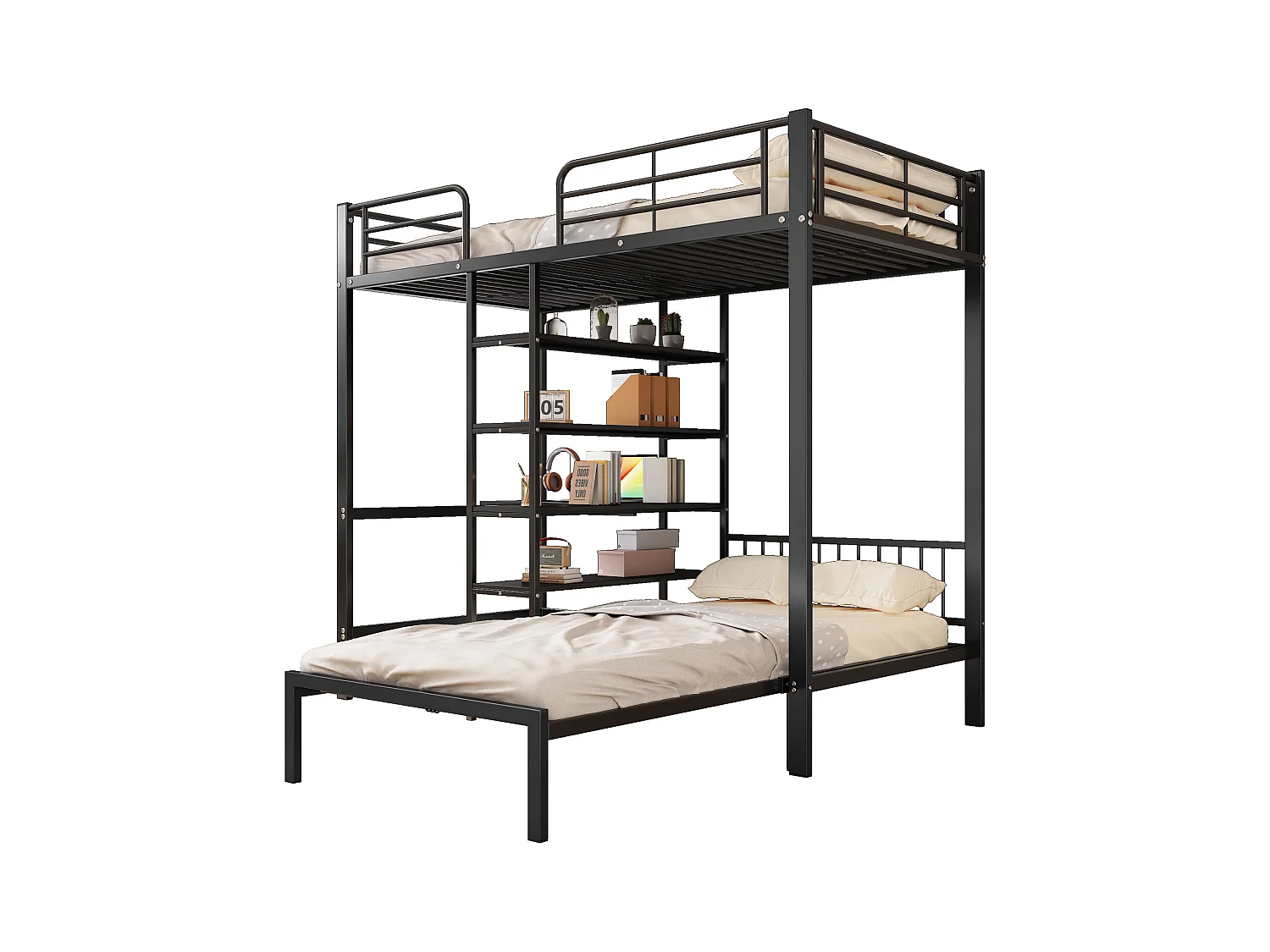 Lit superposé 90x200cm, avec table et échelle commme 5 niveax de étagères de rangements, anti-chute, fer + MDF, noir