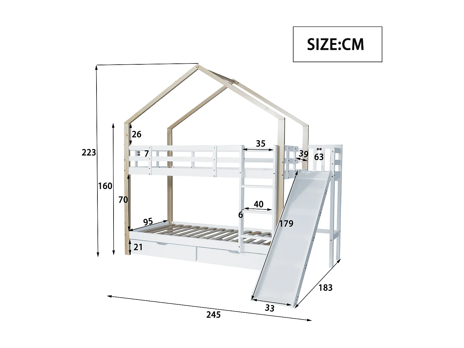 Stapelbed 90x200 cm voor 2 personen - hoogslaper met glijbaan en 3-traps hoekladder, 2 laden, massief hout - wit + naturel