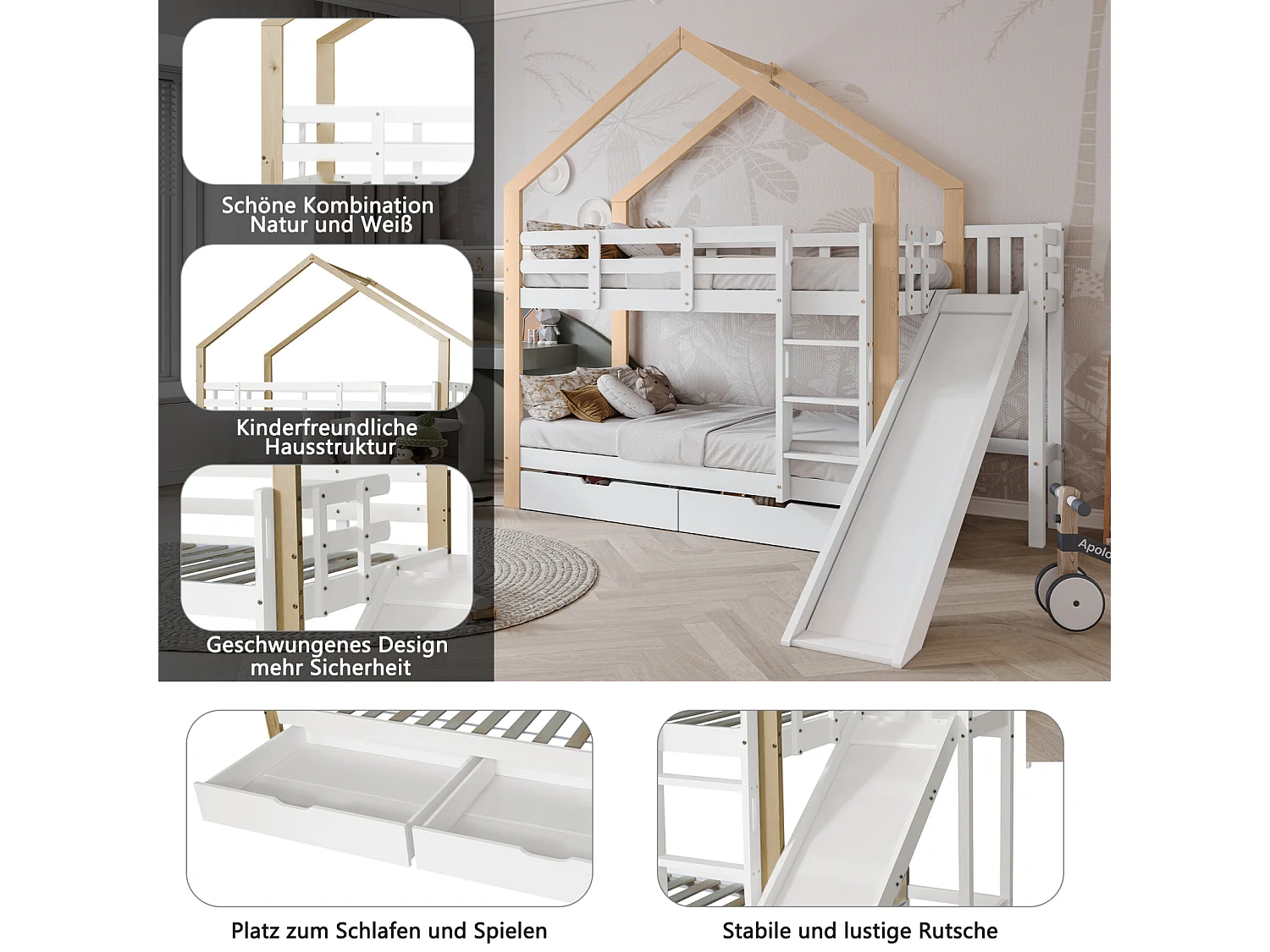 Stapelbed 90x200 cm voor 2 personen - hoogslaper met glijbaan en 3-traps hoekladder, 2 laden, massief hout - wit + naturel