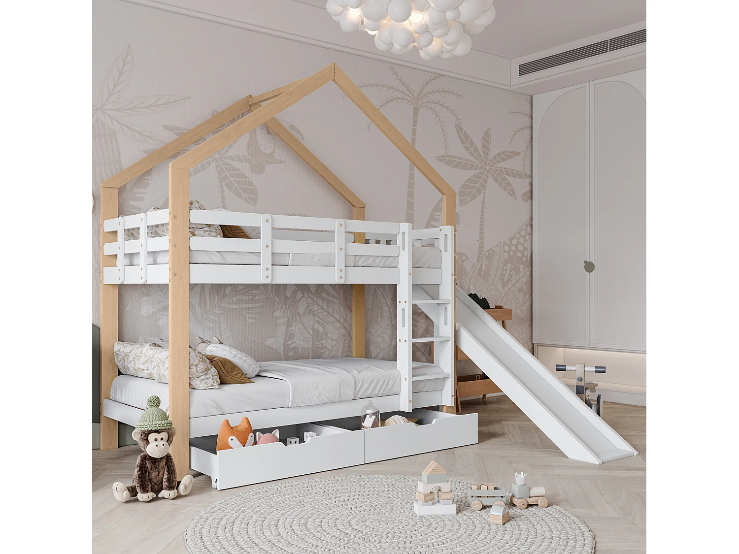 Stapelbed 90x200 cm voor 2 personen - hoogslaper met glijbaan en 3-traps hoekladder, 2 laden, massief hout - wit + naturel