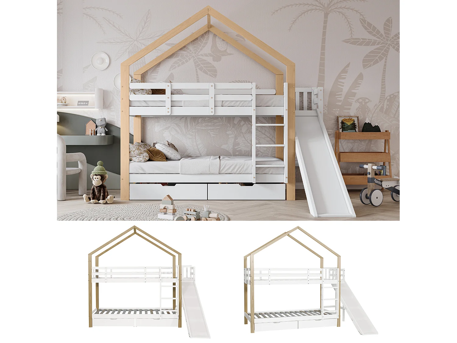 Stapelbed 90x200 cm voor 2 personen - hoogslaper met glijbaan en 3-traps hoekladder, 2 laden, massief hout - wit + naturel