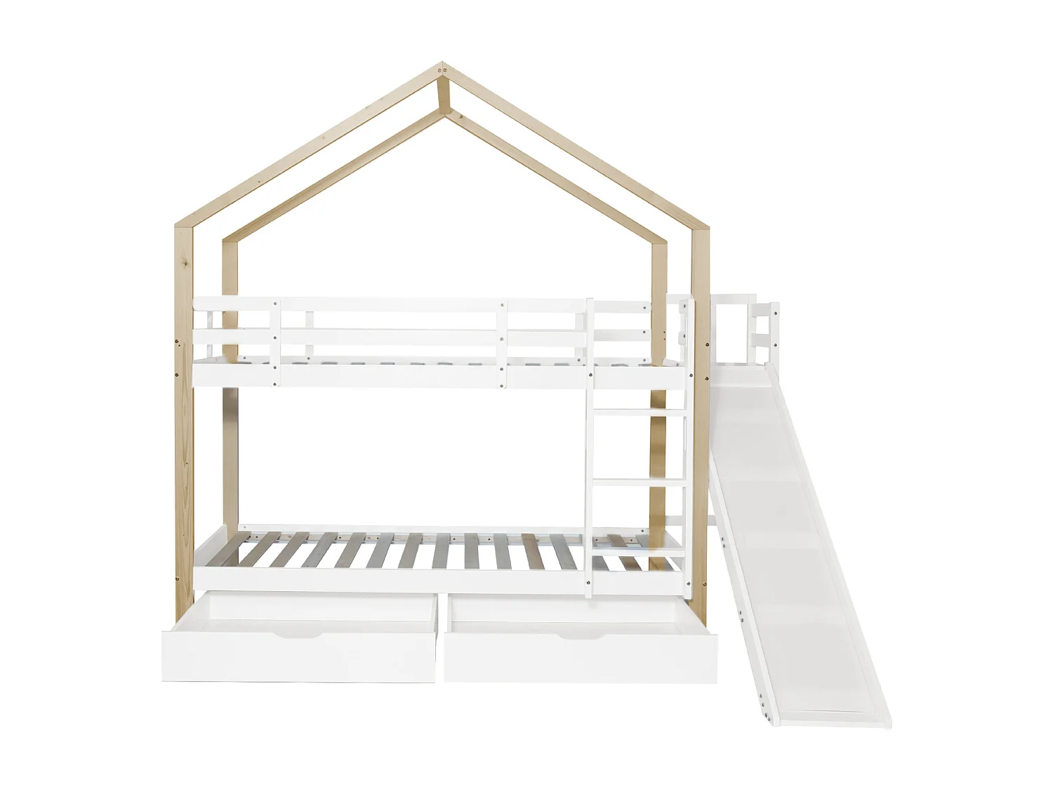 Stapelbed 90x200 cm voor 2 personen - hoogslaper met glijbaan en 3-traps hoekladder, 2 laden, massief hout - wit + naturel