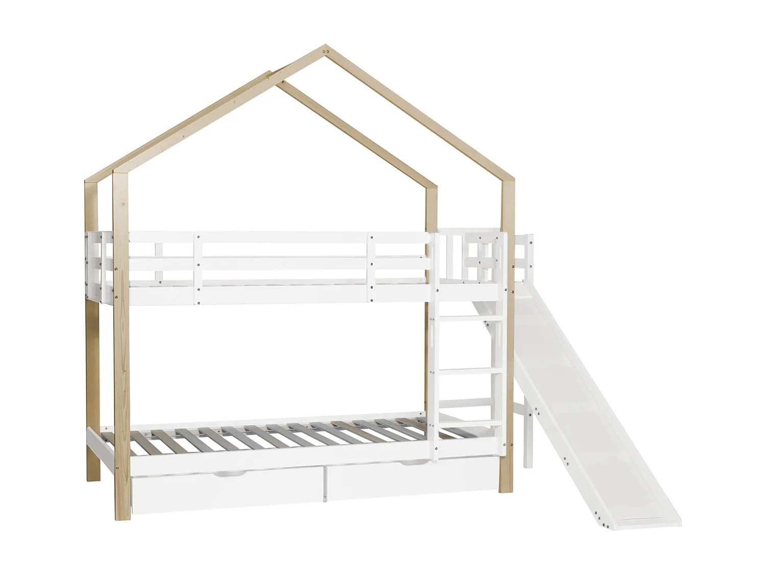 Stapelbed 90x200 cm voor 2 personen - hoogslaper met glijbaan en 3-traps hoekladder, 2 laden, massief hout - wit + naturel