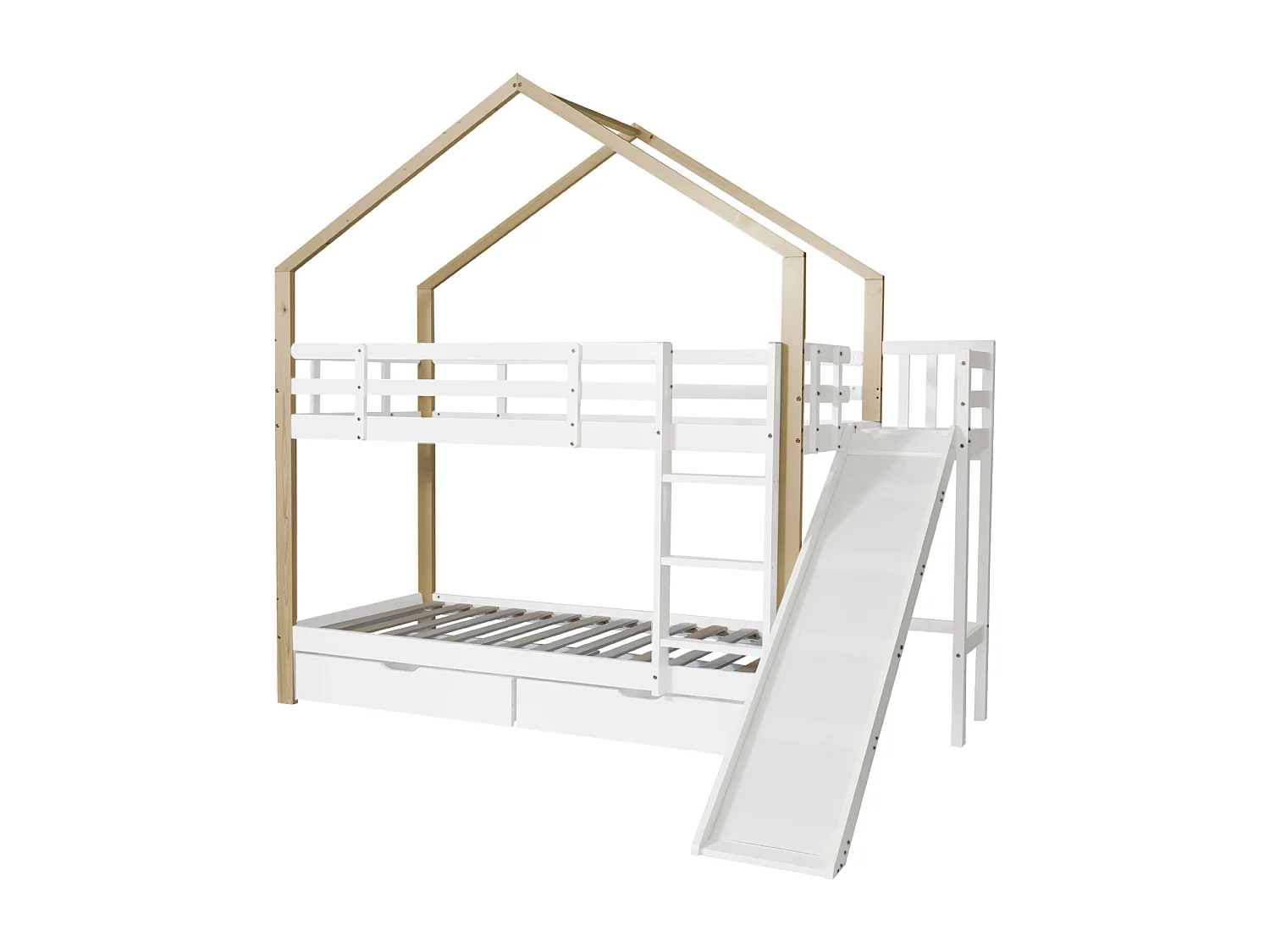 Stapelbed 90x200 cm voor 2 personen - hoogslaper met glijbaan en 3-traps hoekladder, 2 laden, massief hout - wit + naturel