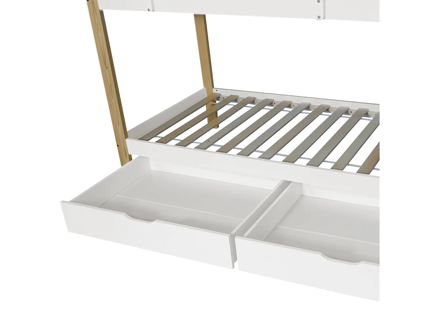 Stapelbed 90x200 cm voor 2 personen - hoogslaper met glijbaan en 3-traps hoekladder, 2 laden, massief hout - wit + naturel