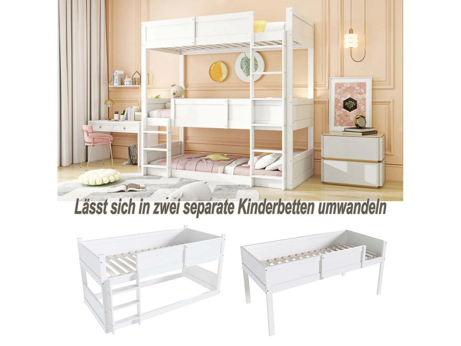 Lit Superposé 3 Places, Lit Enfant Blanc 90x200cm avec Barrière de Sécurité,Cadre de Lit Triple,Échelle et Sommier à Lattes,Bois