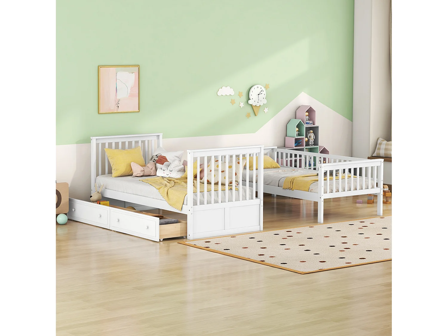 Lit superposé 90x200cm - lit d'enfant fonctionnel avec 2 tiroirs de rangement lit convertible pour 2 couchage - blanc