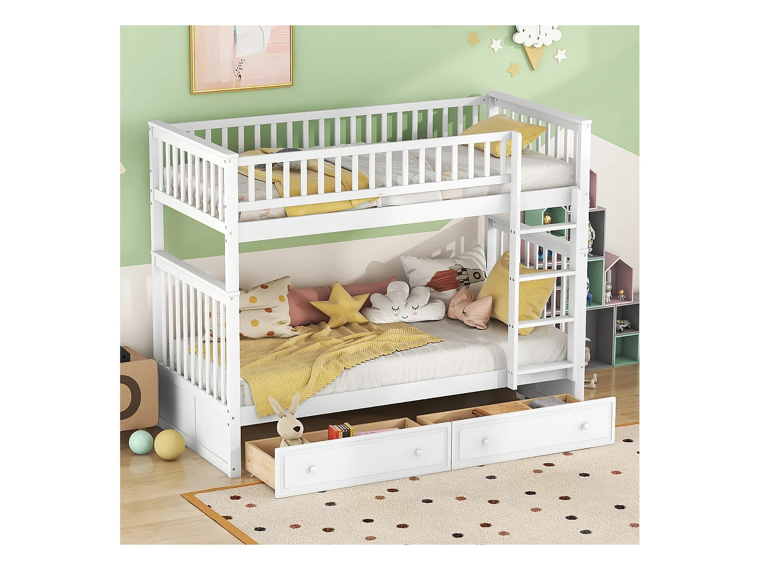 Lit superposé 90x200cm - lit d'enfant fonctionnel avec 2 tiroirs de rangement lit convertible pour 2 couchage - blanc