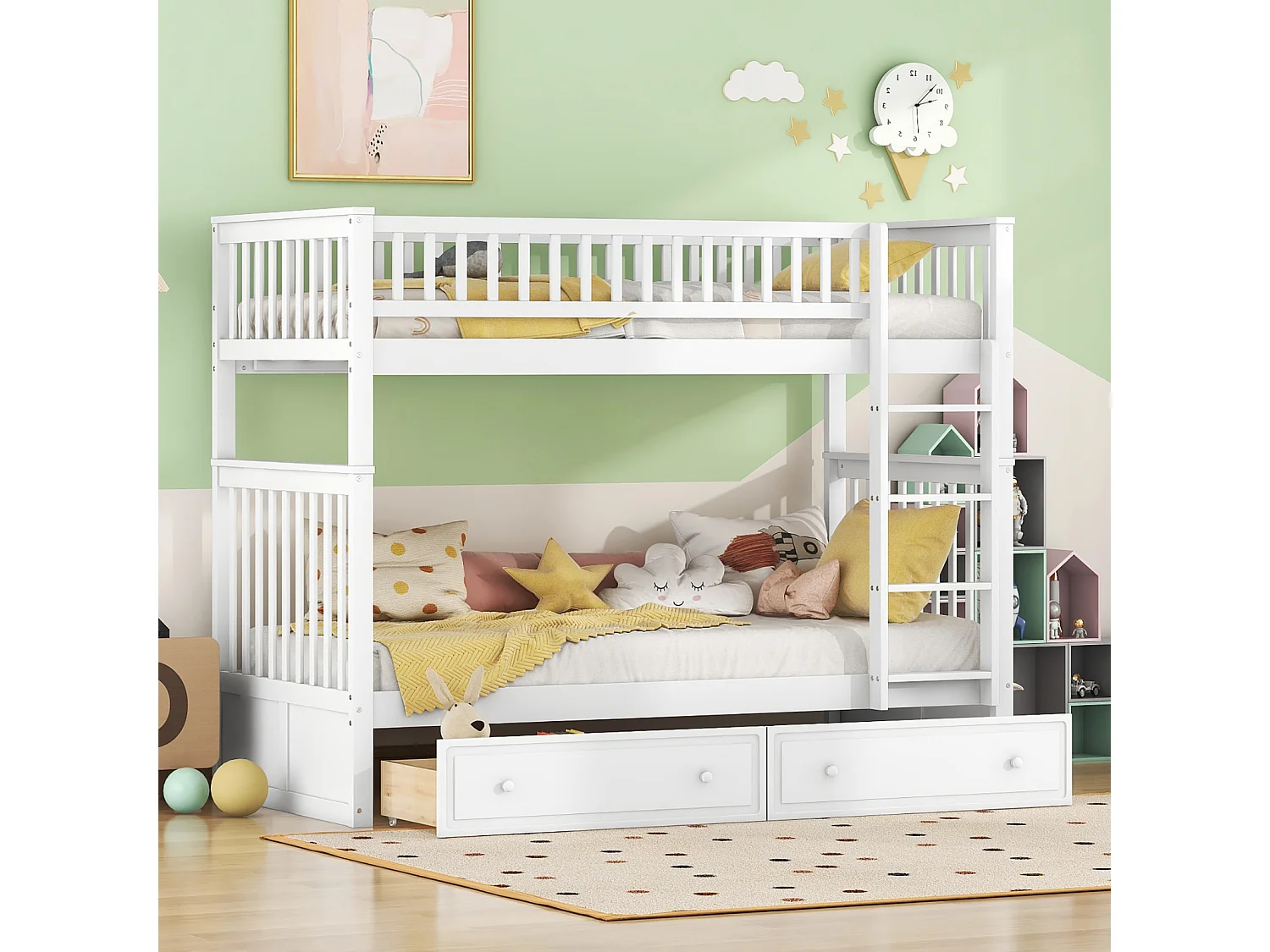 Stapelbed 90x200cm - functioneel kinderbed met 2 opbergladen omvormbaar bed voor 2 personen - wit