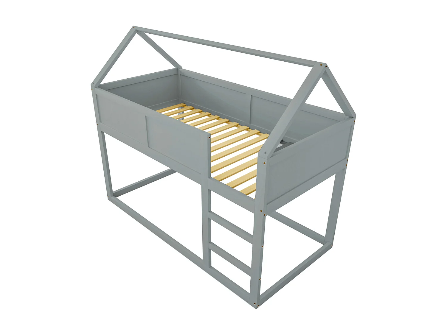 Stapelbed 90x200cm, kinder hoogslaper met trap en 1x lattenbodem bovenaan, houtgrijs