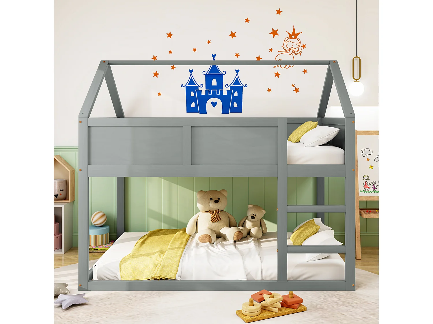 Beliche 90x200cm, cama de cabine infantil com escada e 1 estrado de ripas na parte superior, cinza madeira