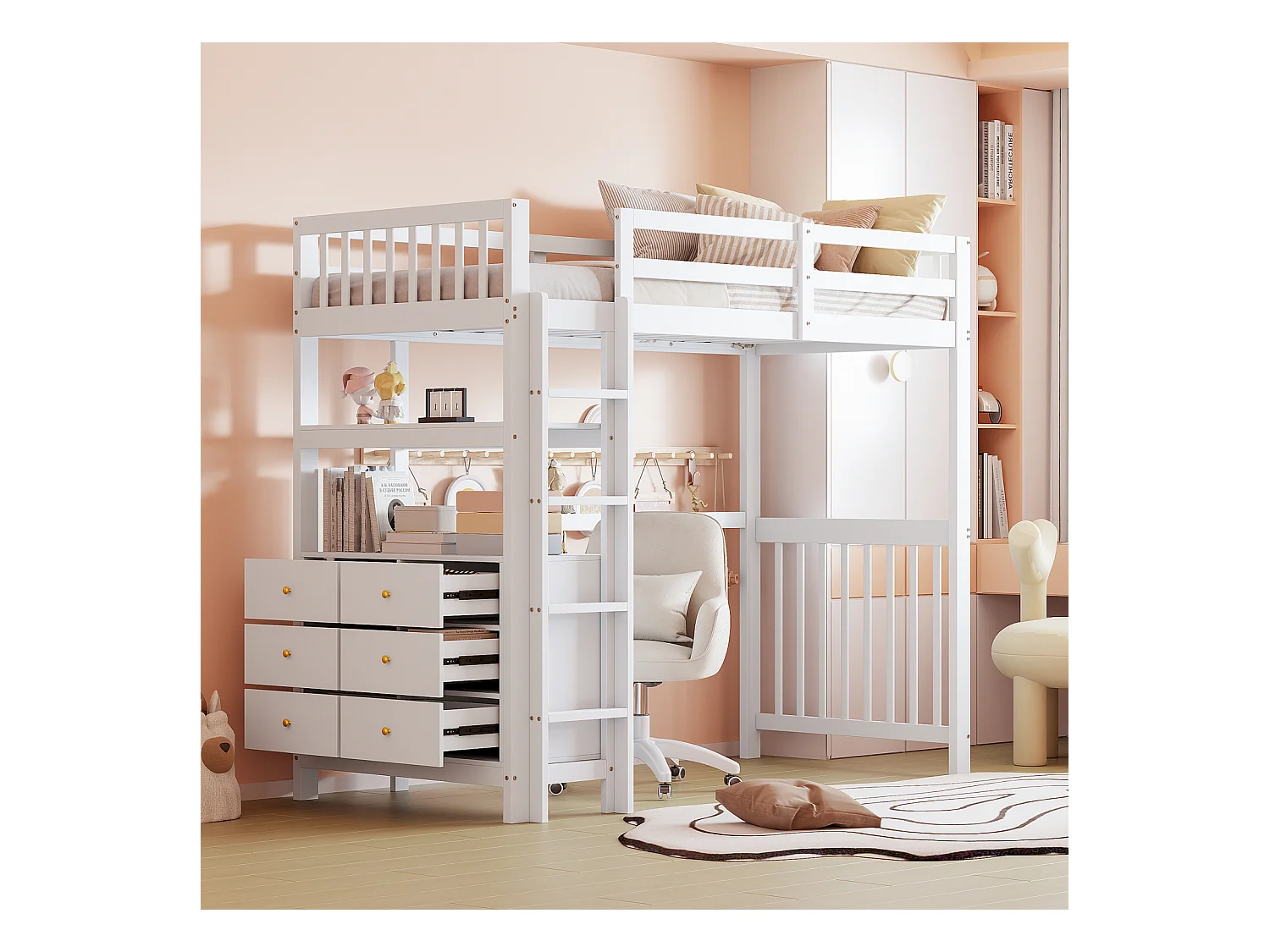 Lit mezzanine 90x200cm - lit enfant avec échelle, tiroirs et étagères, sommier à lattes, clôture haute - en bois de pin - Blanc