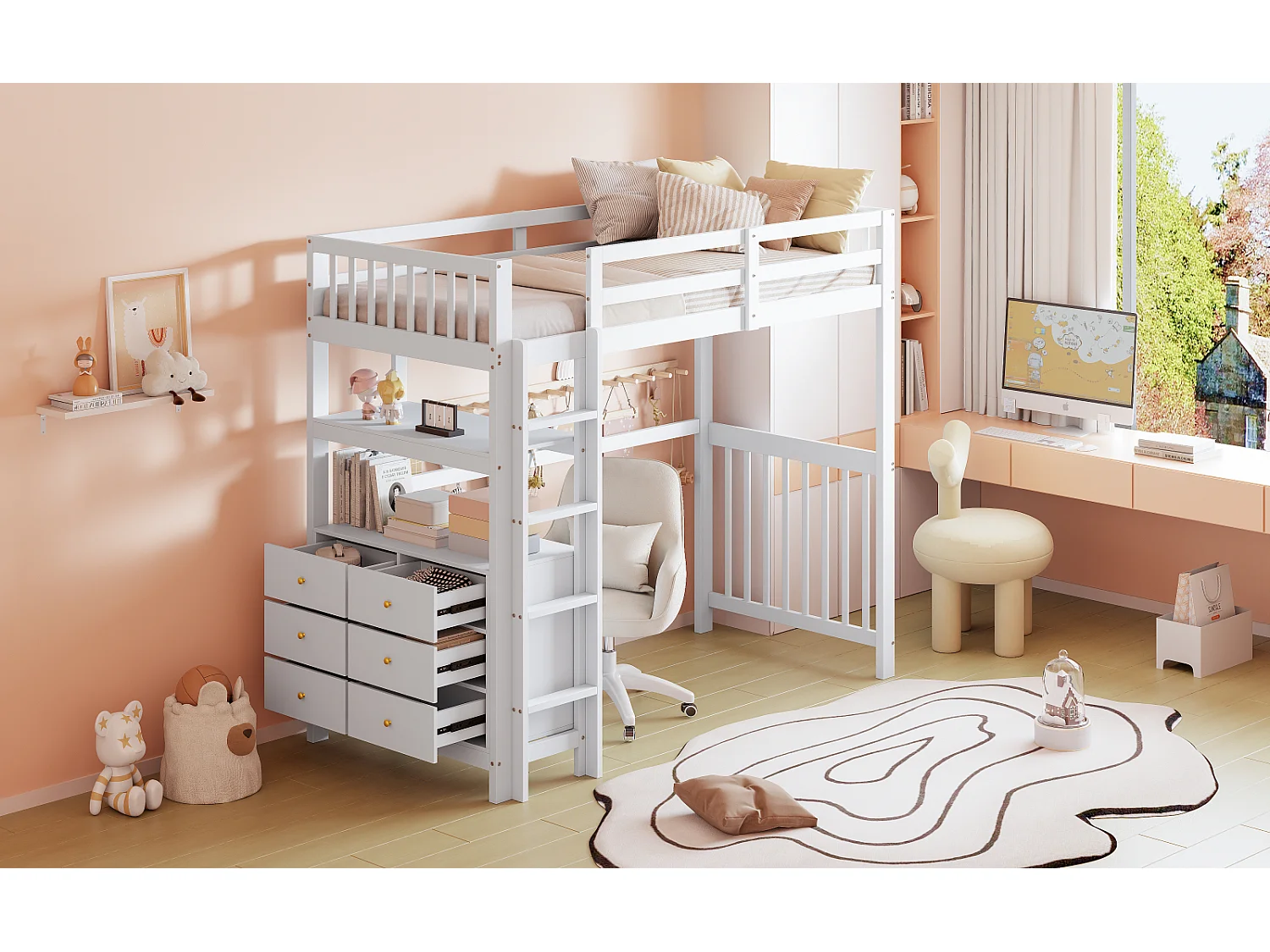 Lit mezzanine 90x200cm - lit enfant avec échelle, tiroirs et étagères, sommier à lattes, clôture haute - en bois de pin - Blanc