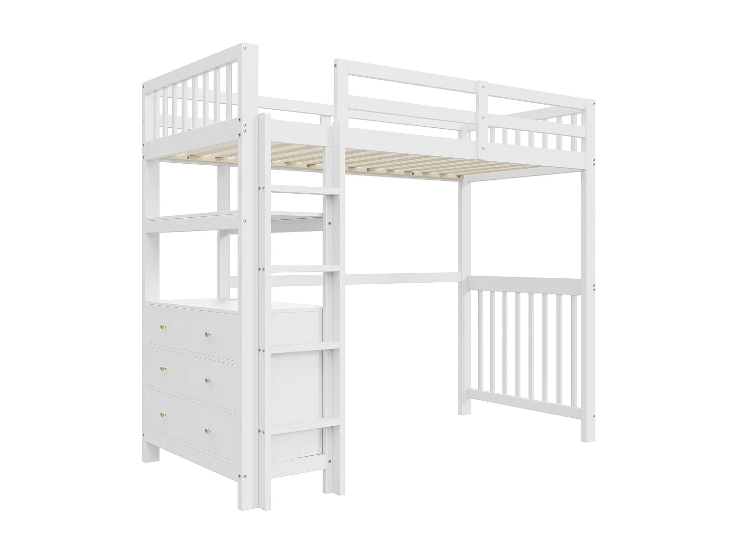 Lit mezzanine 90x200cm - lit enfant avec échelle, tiroirs et étagères, sommier à lattes, clôture haute - en bois de pin - Blanc