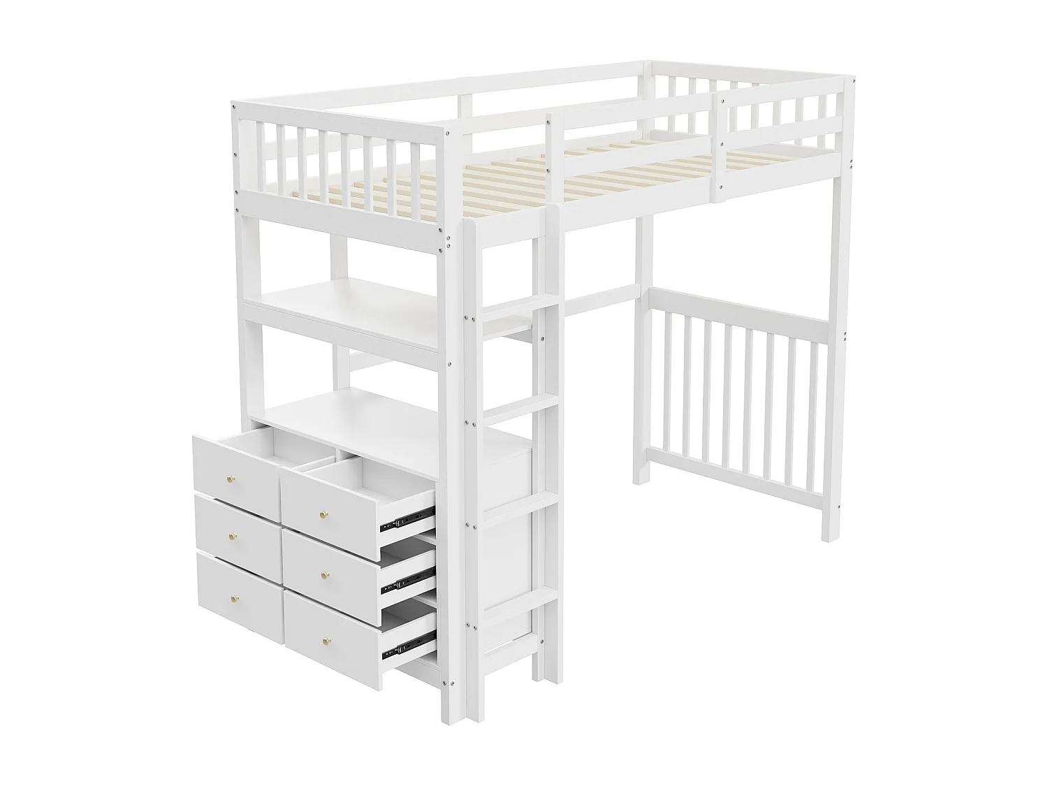 Lit mezzanine 90x200cm - lit enfant avec échelle, tiroirs et étagères, sommier à lattes, clôture haute - en bois de pin - Blanc