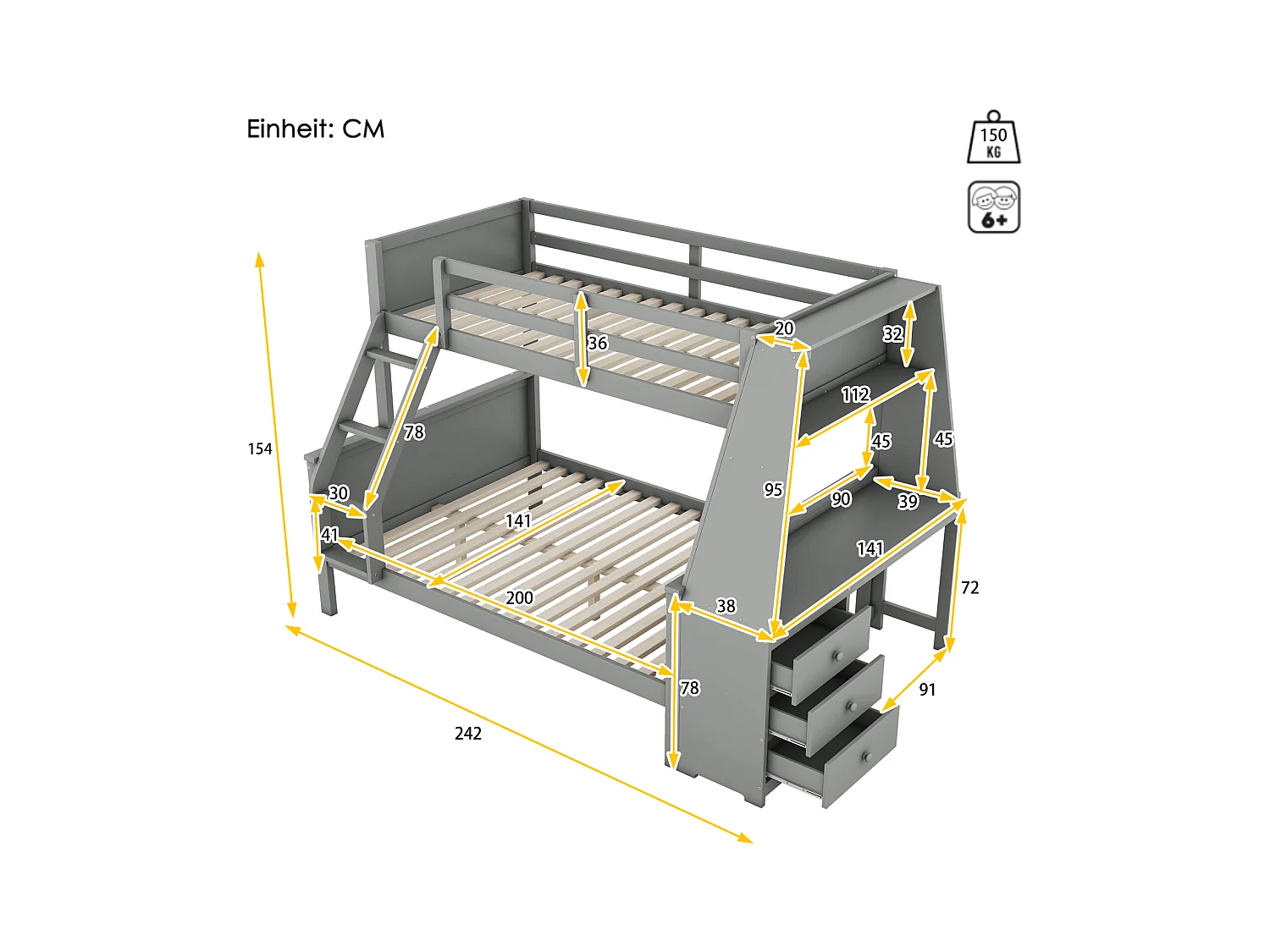 Lit superposé 90x200cm+140x200cm, lit d'enfant équipé d'une table, grand espace de rangement, gris