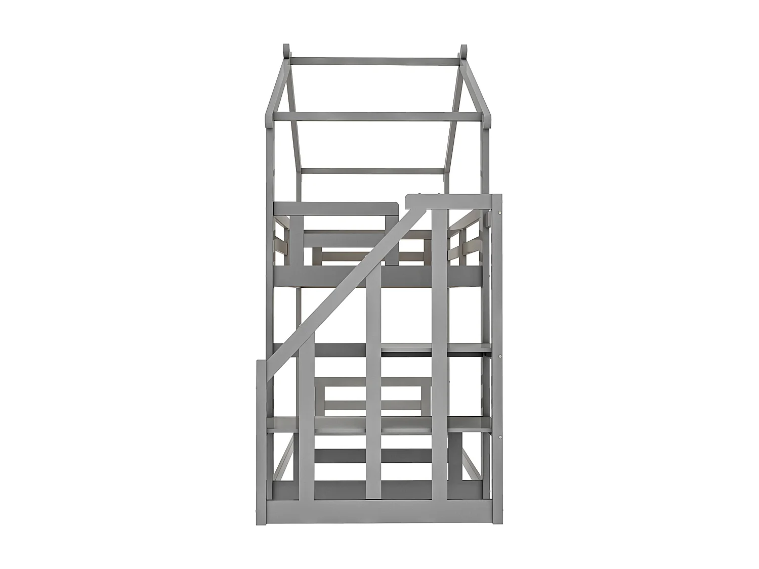 Litera infantil de 90 x 200 cm, cama alta con escalera de seguridad, estructura de madera maciza con somier de láminas, color gris.