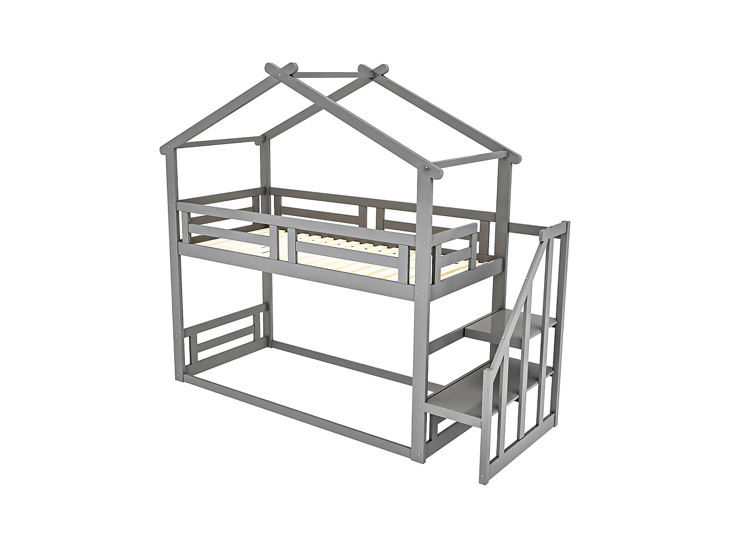 Litera infantil de 90 x 200 cm, cama alta con escalera de seguridad, estructura de madera maciza con somier de láminas, color gris.