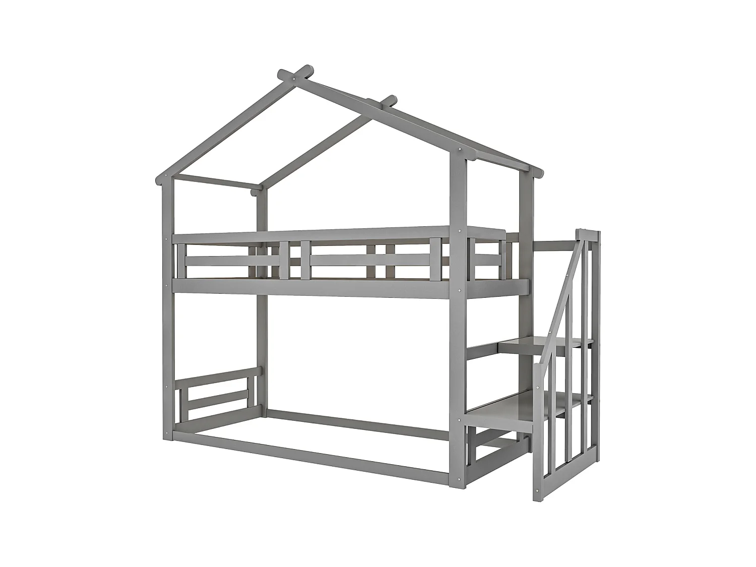 Litera infantil de 90 x 200 cm, cama alta con escalera de seguridad, estructura de madera maciza con somier de láminas, color gris.