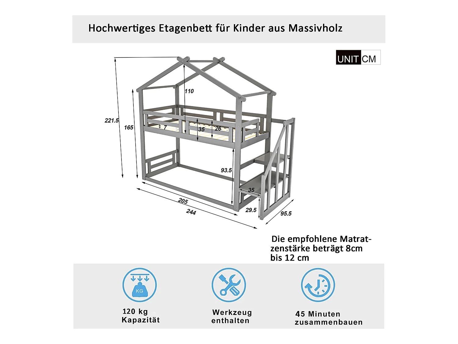 Litera infantil de 90 x 200 cm, cama alta con escalera de seguridad, estructura de madera maciza con somier de láminas, color gris.