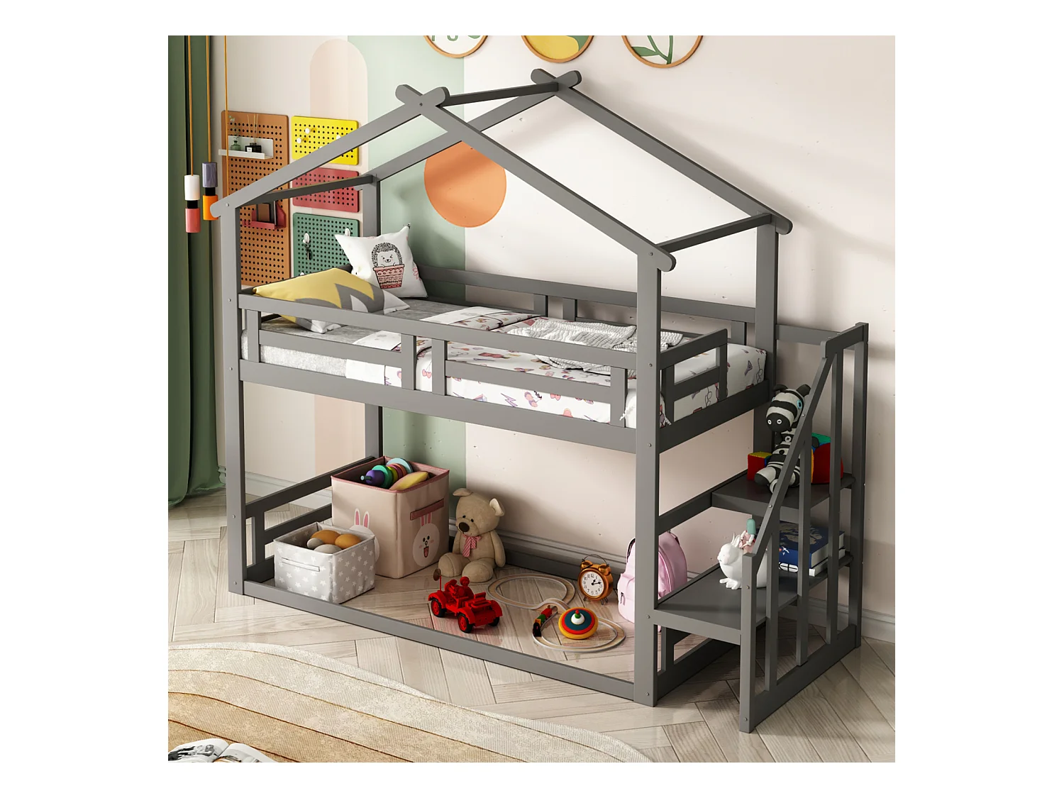 Litera infantil de 90 x 200 cm, cama alta con escalera de seguridad, estructura de madera maciza con somier de láminas, color gris.
