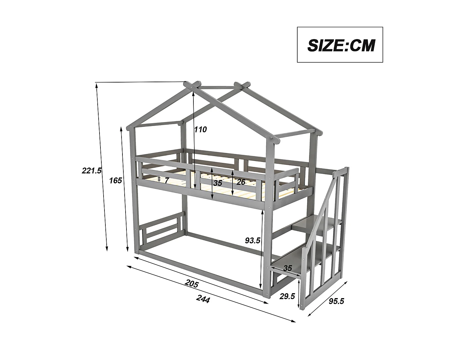 Litera infantil de 90 x 200 cm, cama alta con escalera de seguridad, estructura de madera maciza con somier de láminas, color gris.