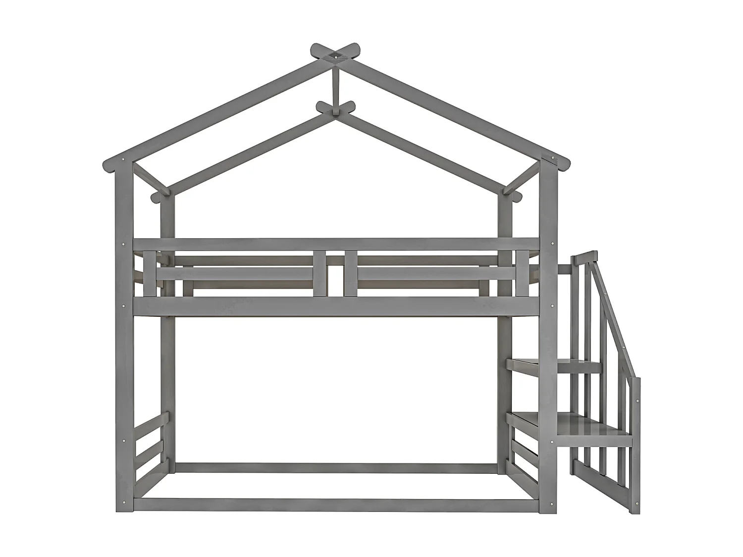 Lit superposé d'enfant 90x200cm - lit cabane avec escalier de sécurité, cadre de lit en bois massif avec sommier à lattes - gris