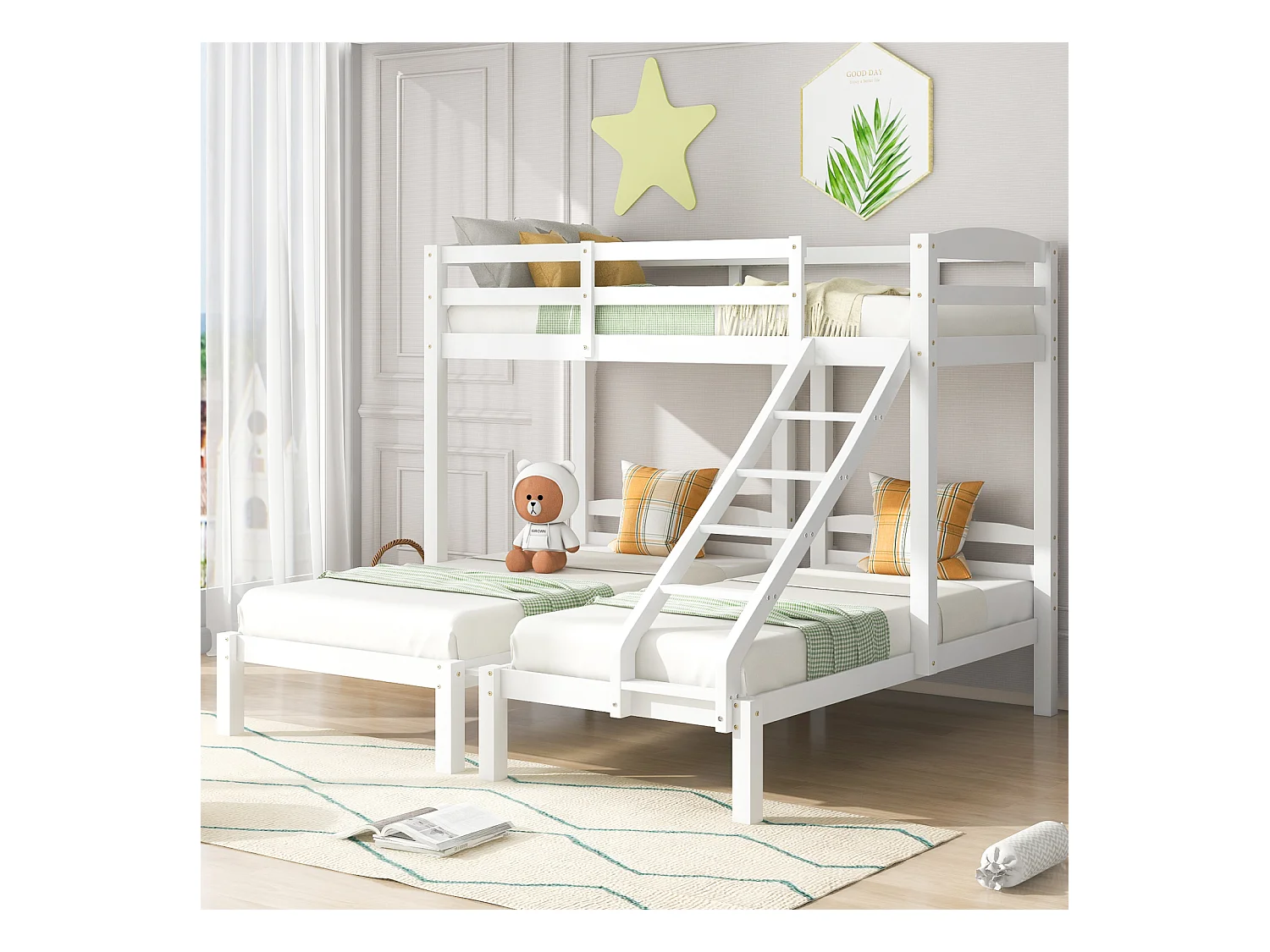 Stapelbed 90 x 200cm Driepersoonsbed - met zijladder, lattenbodem van grenenhout, voor 3 personen - Wit
