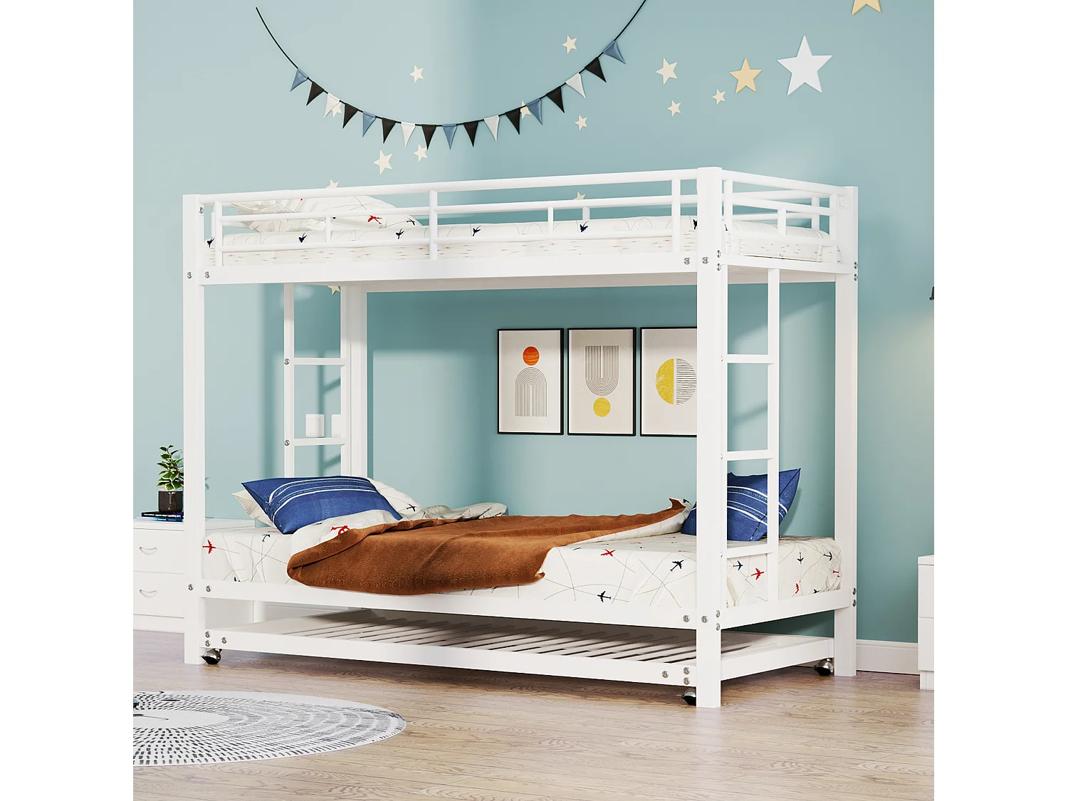 Lit superposé 90x200cm, cadre en fer, avec lit gigogne 90x190cm, sommier à lattes, et 2 échelles, certifié EN747, robuste et durable, Blanc