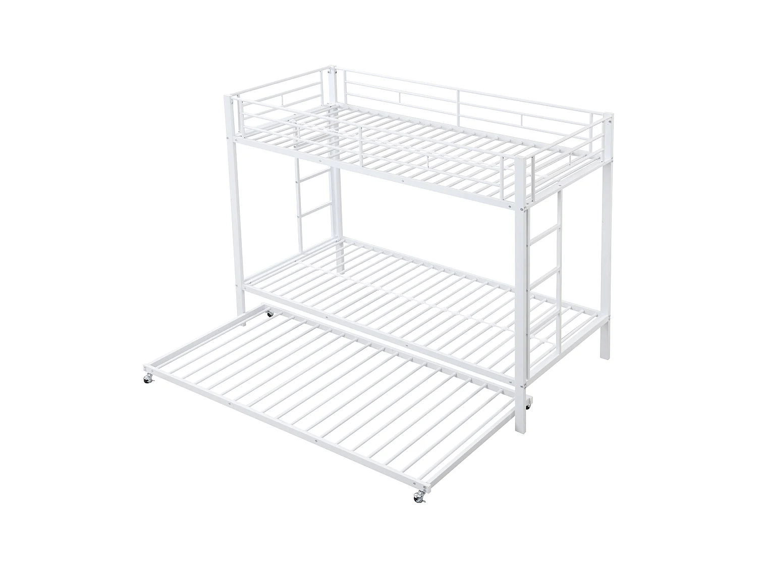 Litera de 90x200cm, estructura de hierro, con cama nido de 90x190cm, somier de láminas y 2 escaleras, certificada EN747, robusta y duradera, color blanco.