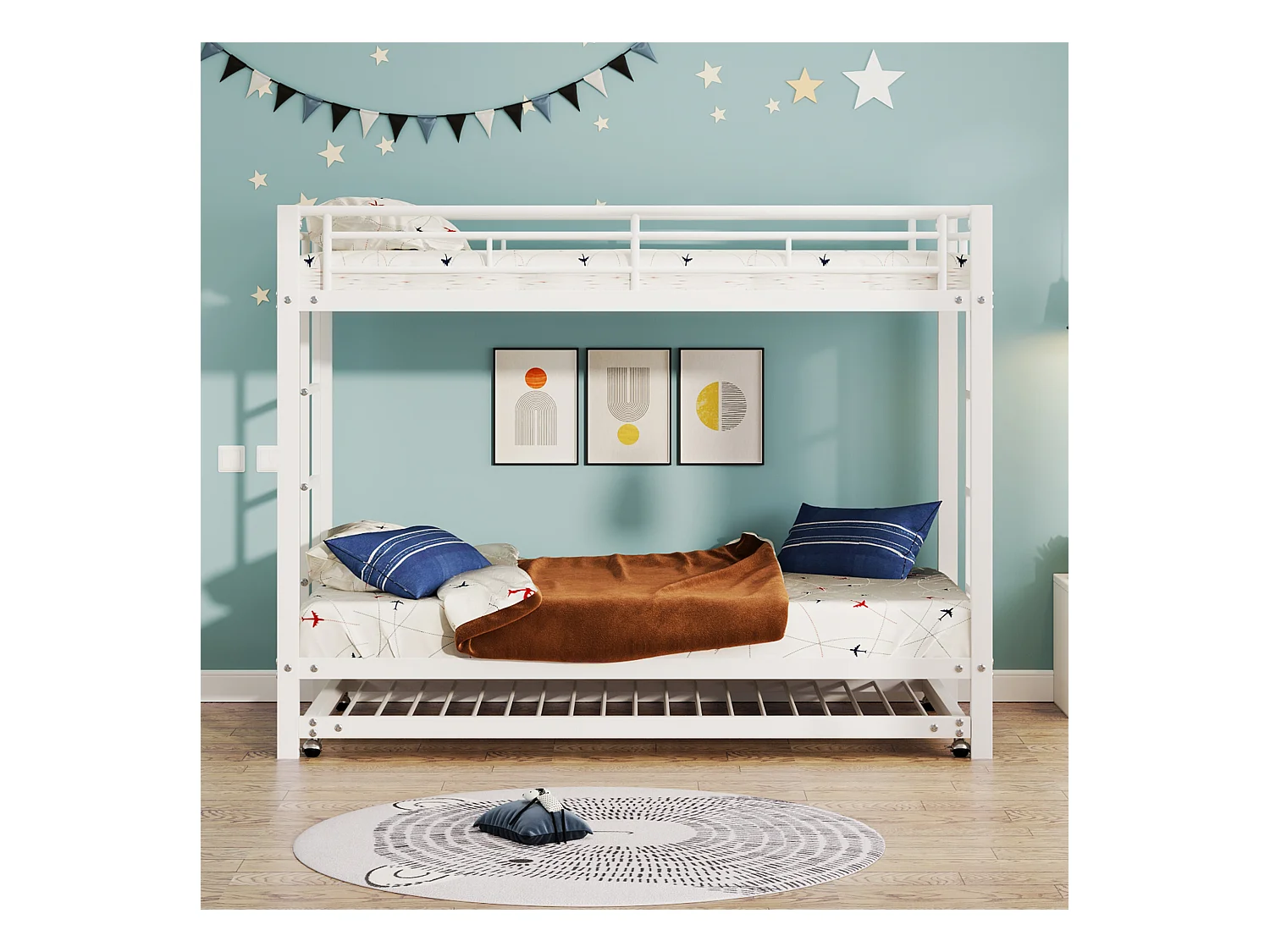 Litera de 90x200cm, estructura de hierro, con cama nido de 90x190cm, somier de láminas y 2 escaleras, certificada EN747, robusta y duradera, color blanco.