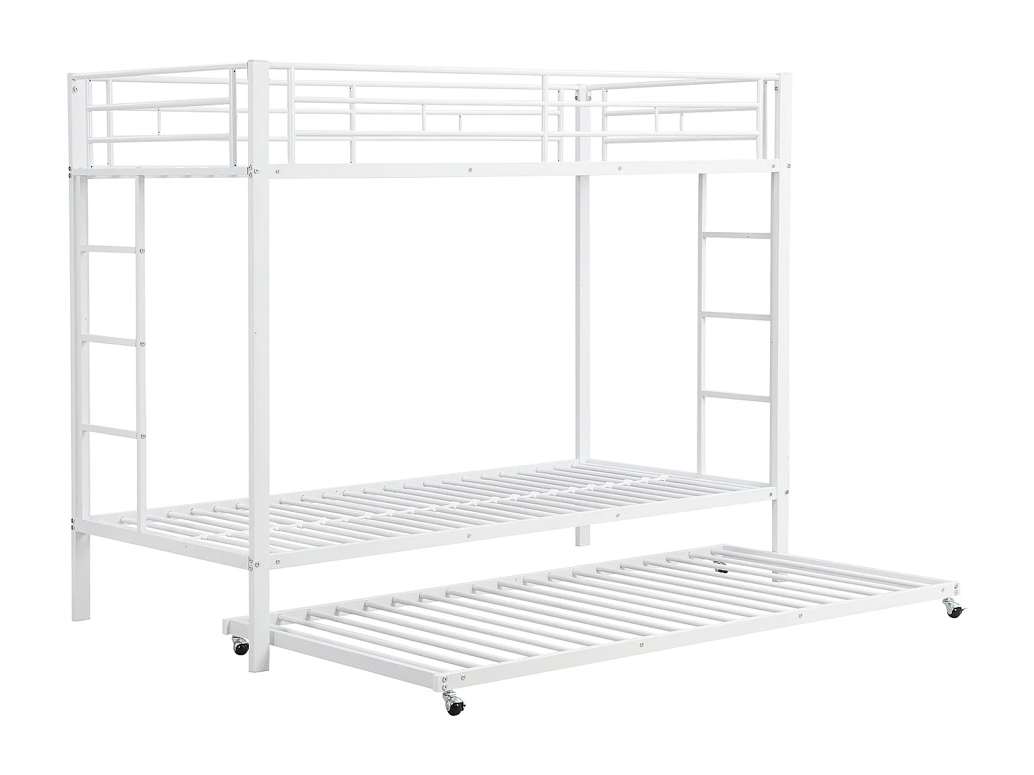 Litera de 90x200cm, estructura de hierro, con cama nido de 90x190cm, somier de láminas y 2 escaleras, certificada EN747, robusta y duradera, color blanco.